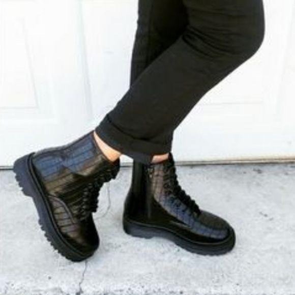 Black Croc Embossed Combat Boots - Picture 8 of 10